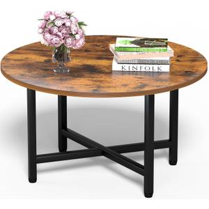 FAMIDGE Round Coffee Table, 23.6" Small Coffee Tables for Living Room, Circle Coffee Table with Metal Frame, Floor Table Desk for Sitting on The Floor, Home, Office, Rustic Brown