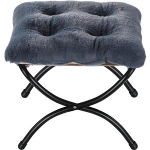 15" Foldable Foot Stool Ottoman with Metal Frame - Washable Faux Fur Navy Upholstered Indoor/Outdoor Footrest for Living Room, Bedroom, Patio - Space-Saving Compact Design, Small