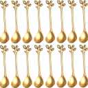 Comicfs 16 Pcs 4.7" Stainless Steel Gold Leaf Coffee Spoon-Creative Tableware Dessert Spoons, Stirring, Mixing, Sugar, Stir, Ice Cream, Cake, Teaspoon Set (16 Spoons, Gold)