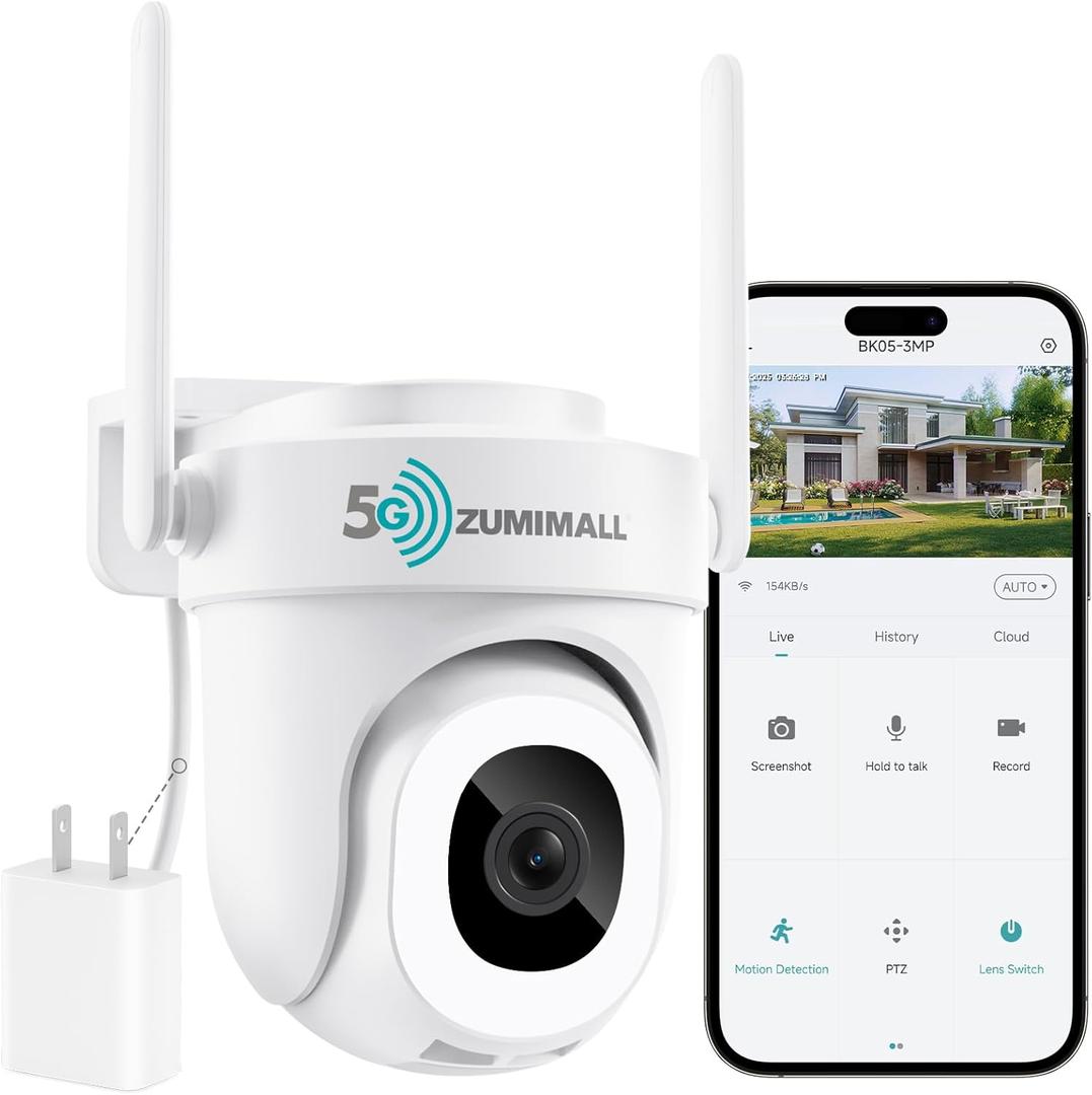 ZUMIMALL WiFi Security Camera Outdoor Wired, 2.4G/5G, 355 Rotation, Cloud & SD Card Storage, 24/7 Recording, 3MP Full Color Night Vision, AI Detection, 2-Way Audio, PTZ Auto Tracking, Support Alexa (3MP White-Plug In)