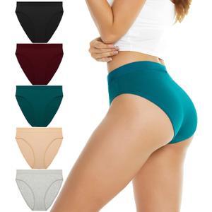 Women's Cotton Underwear Hi Cut Panties for Women Solid Briefs Soft Stretchy Ladies Underpants (5-pack) (X-Large, High Leg Cut-apricot, Gray, Red, Green, Black)
