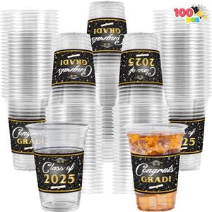 JOYIN 100 Pcs 16oz Graduation Cups Party Plastic Cups, Class of 2025 Graduates Disposable Tableware Set, PET Cup for High School College Graduation School Party Favors Supplies (Black)