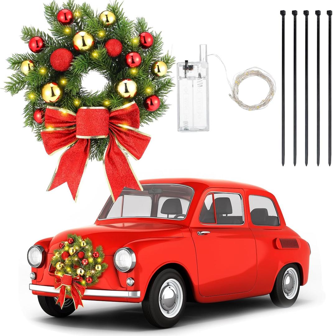 Riceshoot Christmas Car Wreath Decorative LED Light up Decoration Lighted Christmas Car Accessories with Red Bow and Mounting Equipment for Xmas Holiday Festival Car Truck Grille Wreath Ornament