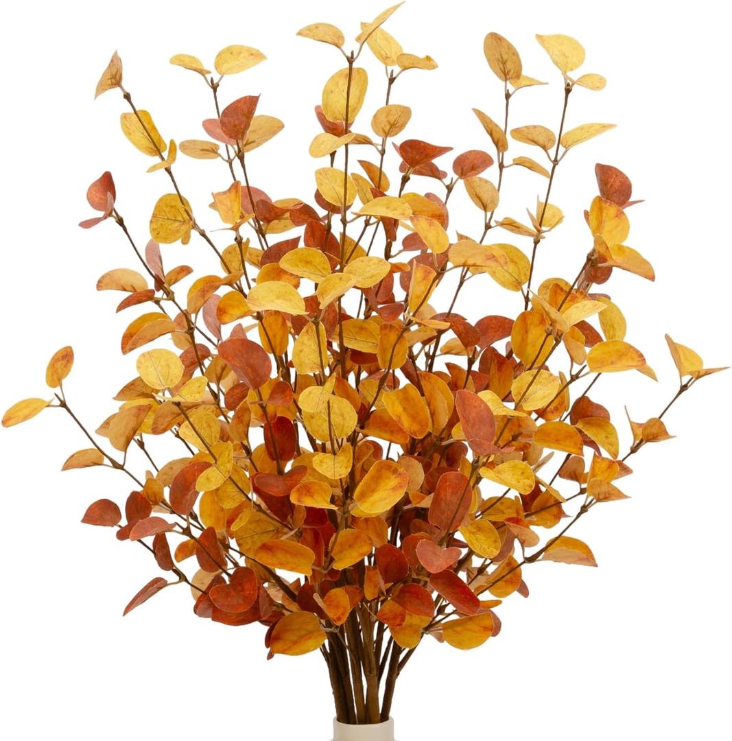 6 Pcs 27" Fall Eucalyptus Leaves Stems Faux Fall Floral Stems Silk Autumn Foliage Branches for Home Decorations Vase Flower Arrangement Harvest Table Mixed Color