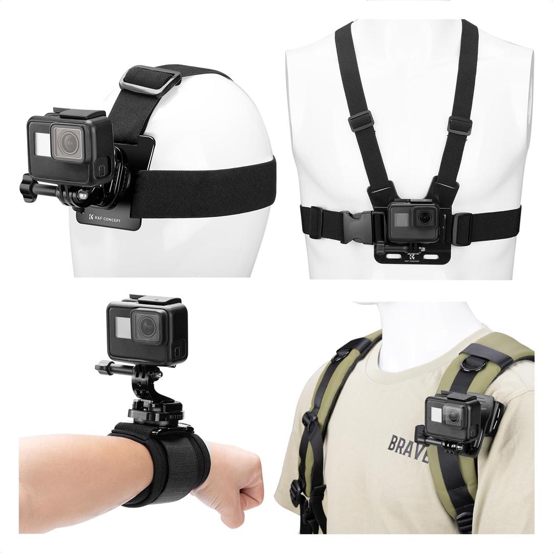 K&F CONCEPT Accessories Set for GoPro Hero 13/12/11/10/9/8/7/6/5/4/DJI Osmo Action Series/Pocket 3/2/Insta360 X4/X3, Chest Strap Harness+Backpack Clip+360 Rotating Head Strap Mount and Wrist Strap