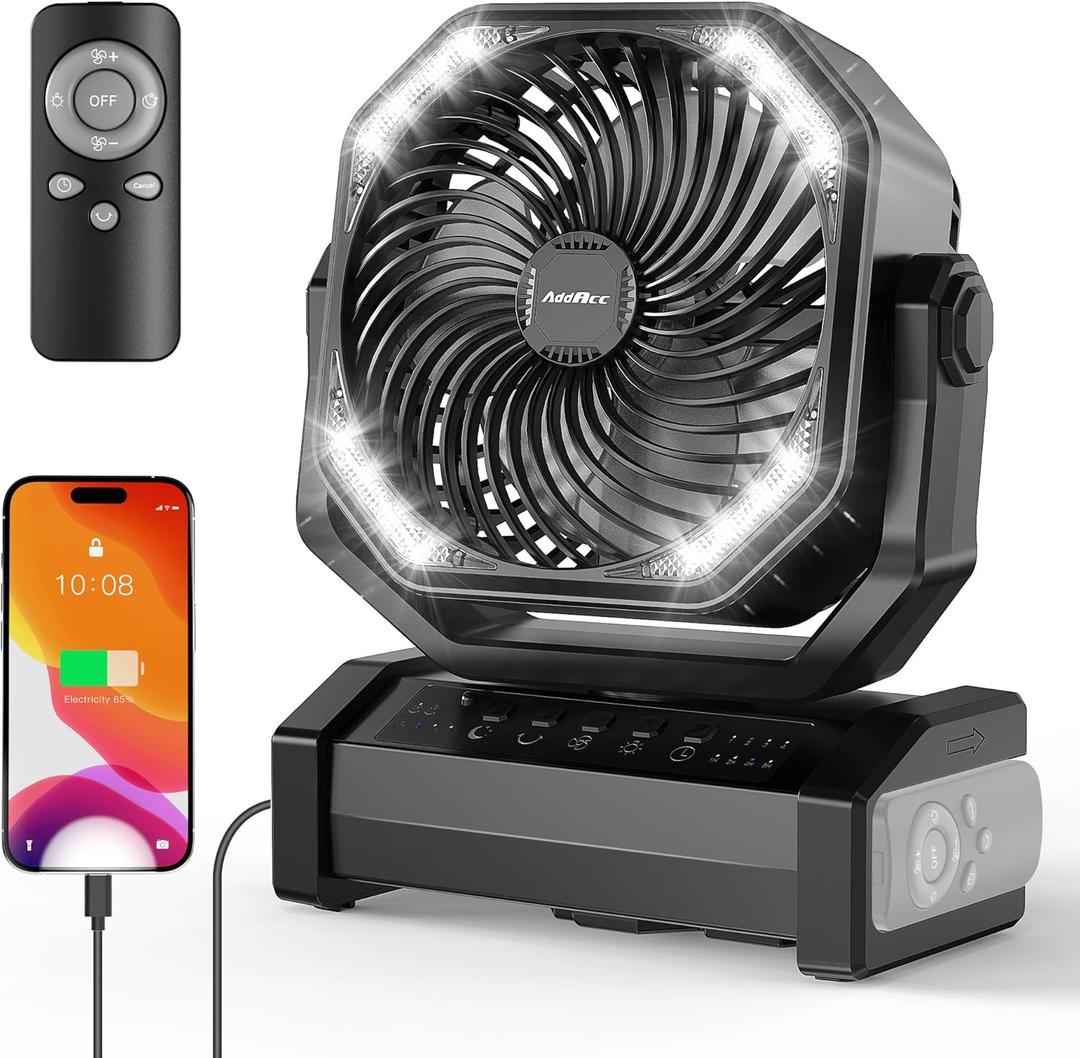 20000mAh Rechargeable Camping Fan - Battery Operated Fan with Light & Remote, Auto Oscillating, 4 Timer, 60 Hrs Work Cordless Tent Fan for Travel Outdoor RV Garage Power Outage Emergency (D12-Black)