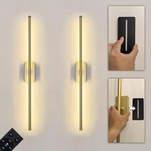 Set of 2 Battery Powered Linear Tube Rechargeable Gold Wall Sconce, Modern Decor Peel and Stick on Cordless Wall Sconces Picture Vanity Light for Living Dinning Room, Bathroom (2 Pack, 28.3'', Gold)