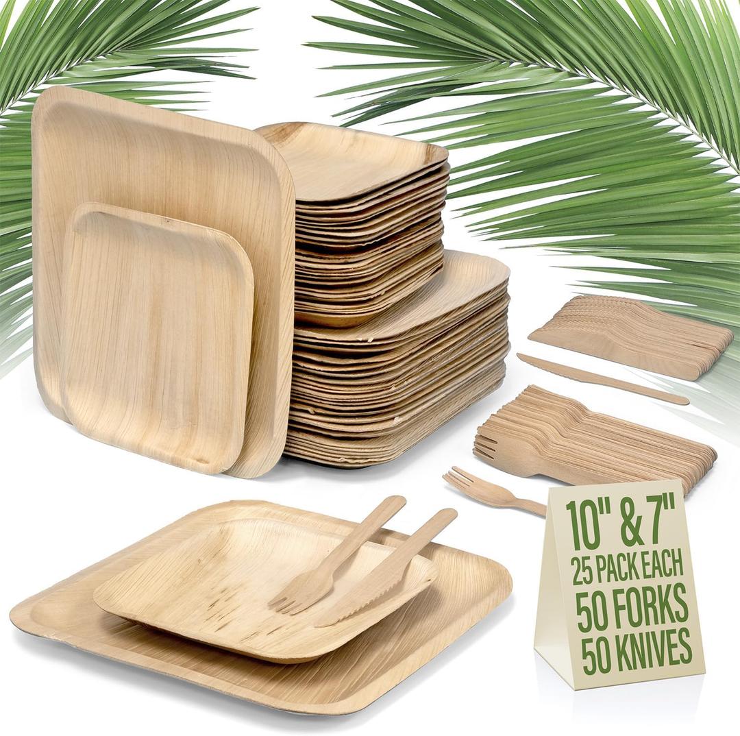 Compostable Square Palm Leaf Plates 10 Inch & 7 Inch (25 Each) with 50 Forks & 50 Knives  Like Bamboo Plates, Disposable Party Plates, Biodegradable, Eco-Friendly, Microwave & Oven Safe