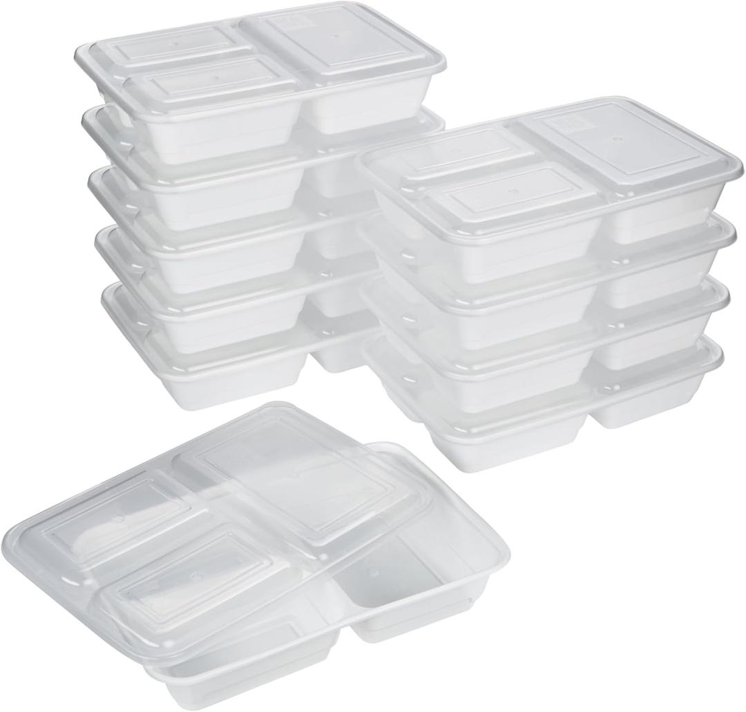 GoodCook Meal Prep Rectangle Three Compartment 20-Piece, White, Made without BPA (10 Sets)