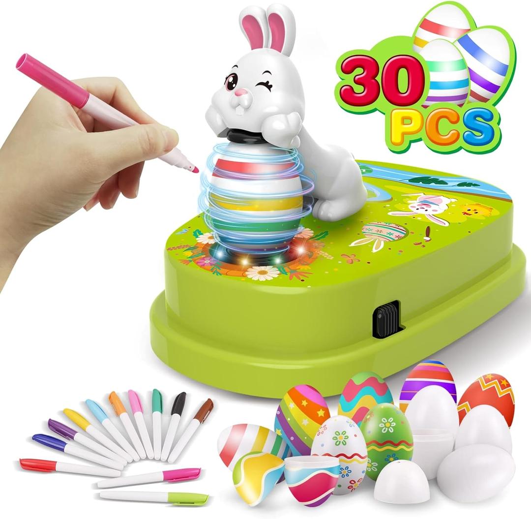 Engfa Easter Egg Decorating Kit with 30 Pcs Eggs and 12 Dying Markers Spinner, Easter Gifts for Kids Bunny Decorating Machine Craft Activities for Boys Girls (White)