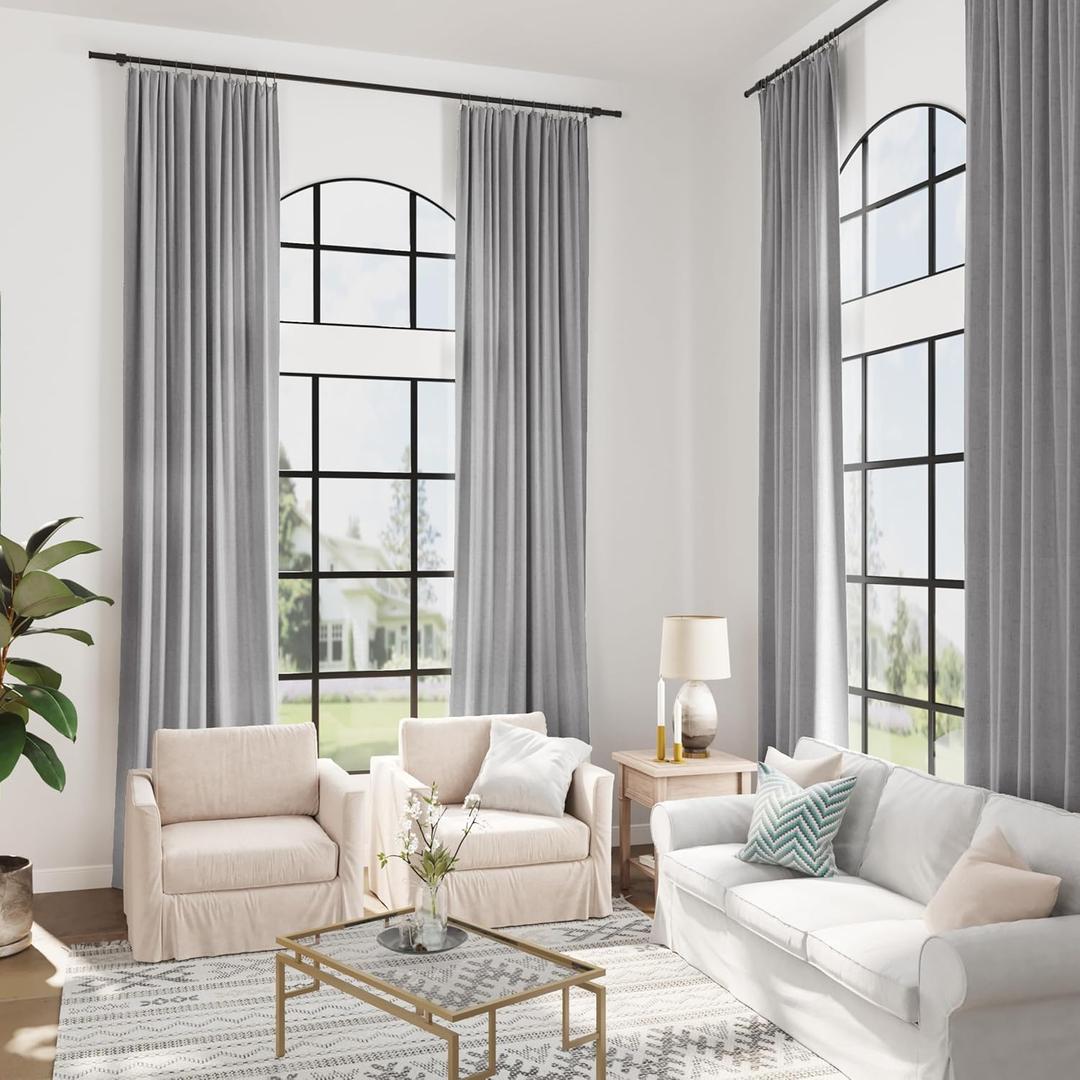 Guken Grey 132 Inch Linen Curtains for High Living Room Bedroom Rod Pocket Modern Boho Neutral Light Filtering Semi Sheer Extra Long Linen Drape Curtain for 2 Story Large Window 1 Panel, W52xL132