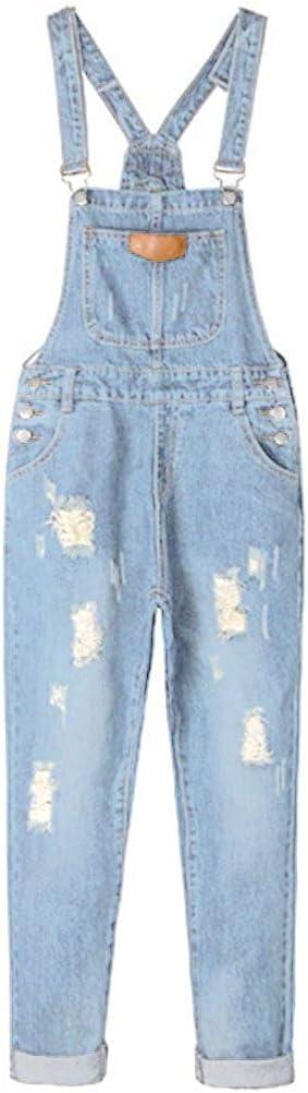 AvaCostume Women's Adjustable Strap Ripped Denim Overalls (Light Blue)