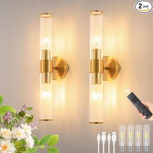 Morauroral Gold Battery Operated Wall Sconces Set of Two, Rechargeable Wall Sconce with Dimmable Remote Control, 20 Inch Wireless Sconce Wall Light for Bedroom, Living Room (Bulbs Included)