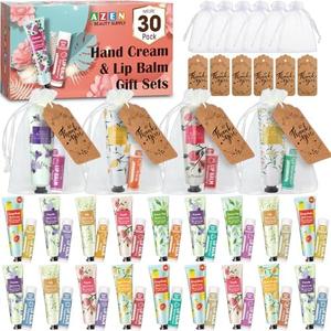 AZEN 30 Sets Bulk Gifts, Hand Cream and Lip Balm Bulk Set with Organza Bag Thank You Card, Baby Shower Wedding Gifts for Guests, Bridal Wedding Favors for Guests,Thank You Gifts for Women