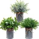 Winlyn 3 Pack Mini Faux Potted Greenery Artificial Boxwood Eucalyptus Rosemary Plants in Rustic Galvanized Metal Pots Potted Plants Arrangement for Farmhouse Table Centerpiece Home Mantel Shelf Dcor