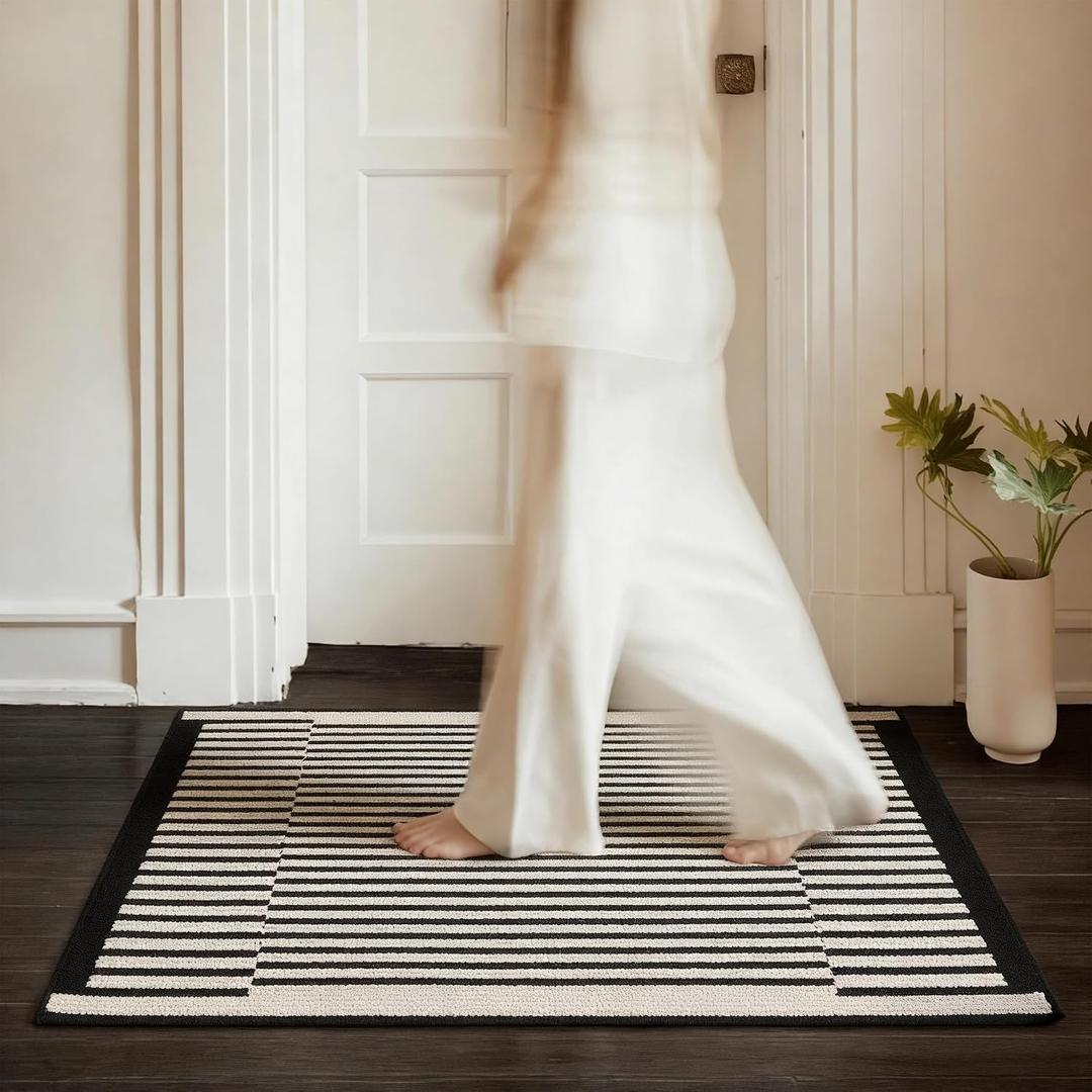 GRANNY SAYS Door Mat, 32" x 20" Welcome Mat Outdoor Rugs Non-Slip, Dirt Absorb Front Door Mat Outside Entrance, Low Profile Inside Floor Mat, Rugs for Entryway Indoor, Black & Beige Stripe