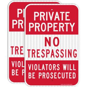 (2 Pack) Private Property No Trespassing Sign, Violators Will Be Prosecuted, 18 x 12 Engineer Grade Reflective Sheeting Rust Free Aluminum, Weather Resistant, Waterproof, Easy to Mount