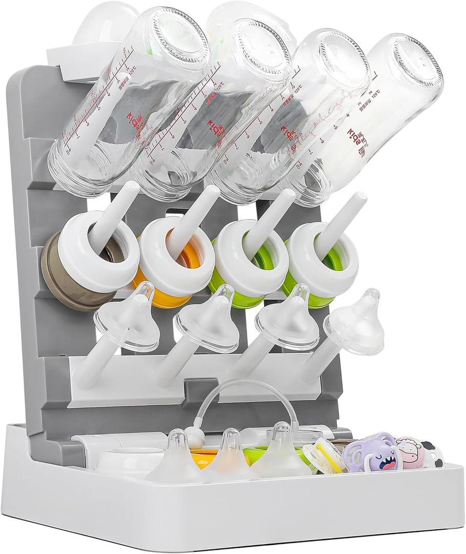 Baby Bottle Drying Rack, Vertical Standing Bottle Drying Rack Holder-Space Saving Baby Bottle Organizer for Countertop-Holds Up to 12 Baby Bottles & Pump Parts (White & Dark Gray)