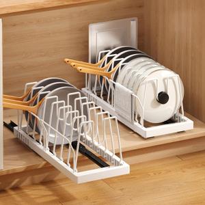 Mustorn 2 Pack Pots and Pans Organizer Under Cabinet, 21.6" Deep Pull Out Pot Lid Organizer Holder with Guardrail Adhesive Pot and Pan Holder Rack with 10 Adjustable Dividers(White)