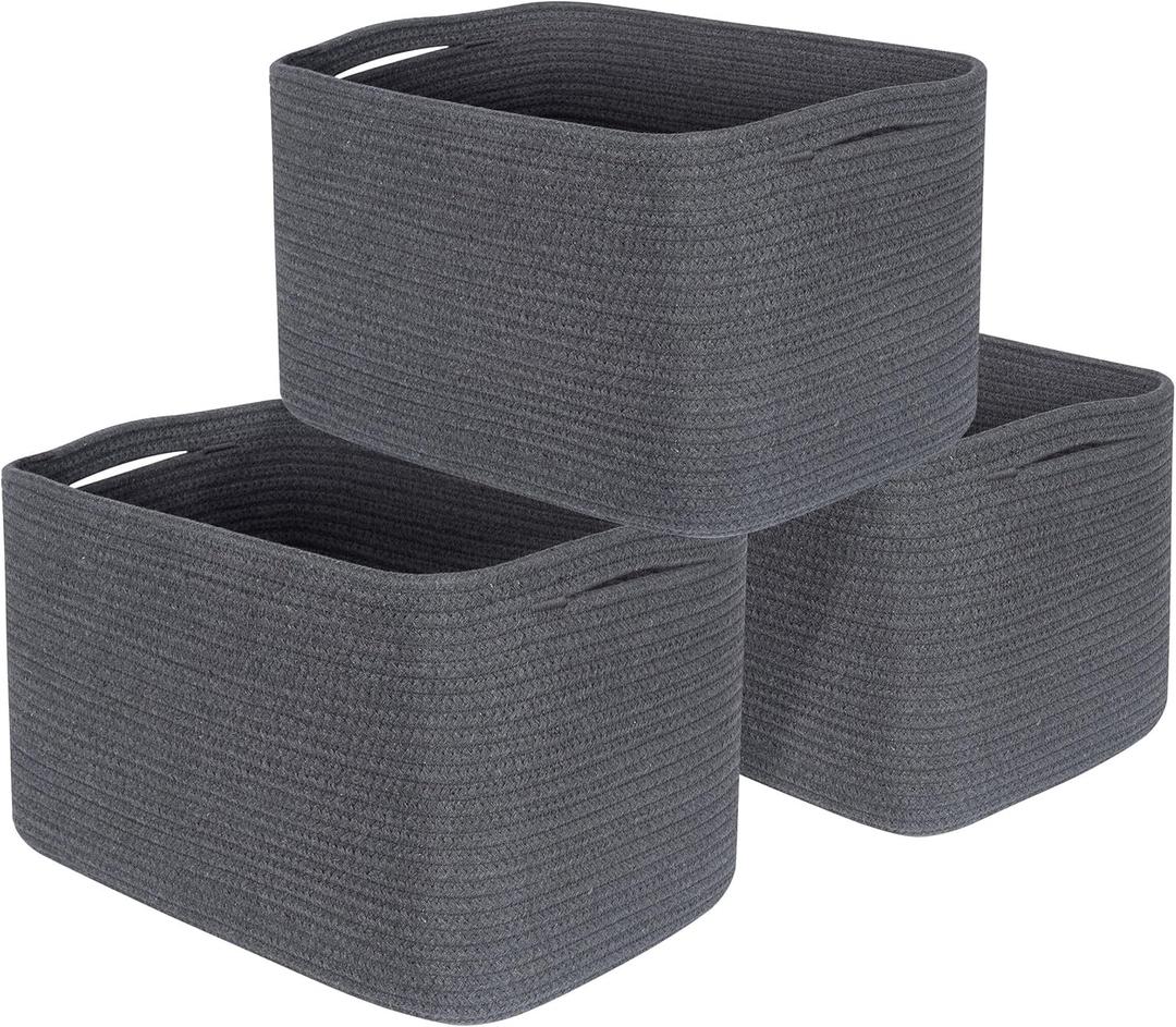 MINTWOOD Design 3-Pack Decorative Woven Storage Baskets for Shelves, Cube Bin Box for Organizing Books, Shoes, Dog Toys, Pantry Closet and Living Room Organizer, Charcoal Gray