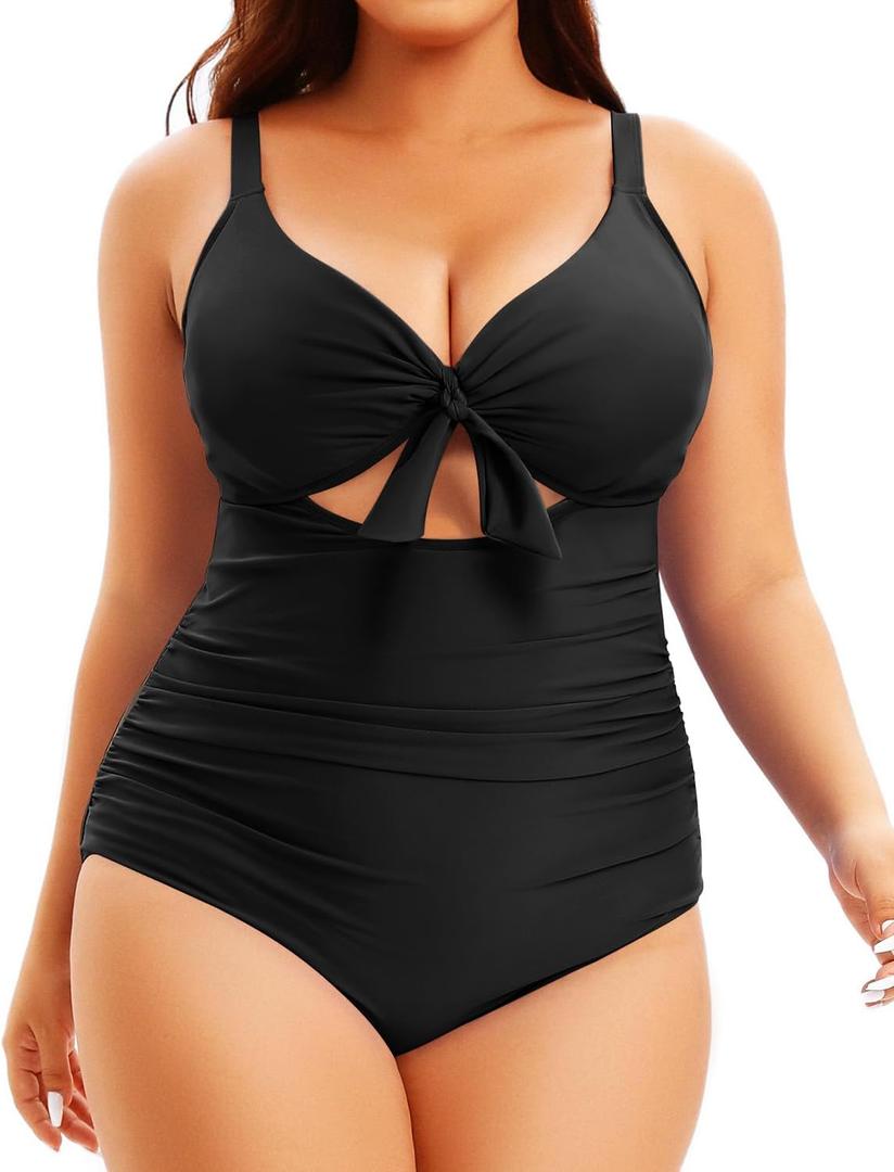 Aqua Eve Plus Size One Piece Swimsuit for Women Tummy Control Bathing Suit Cutout Swimwear Black 16W