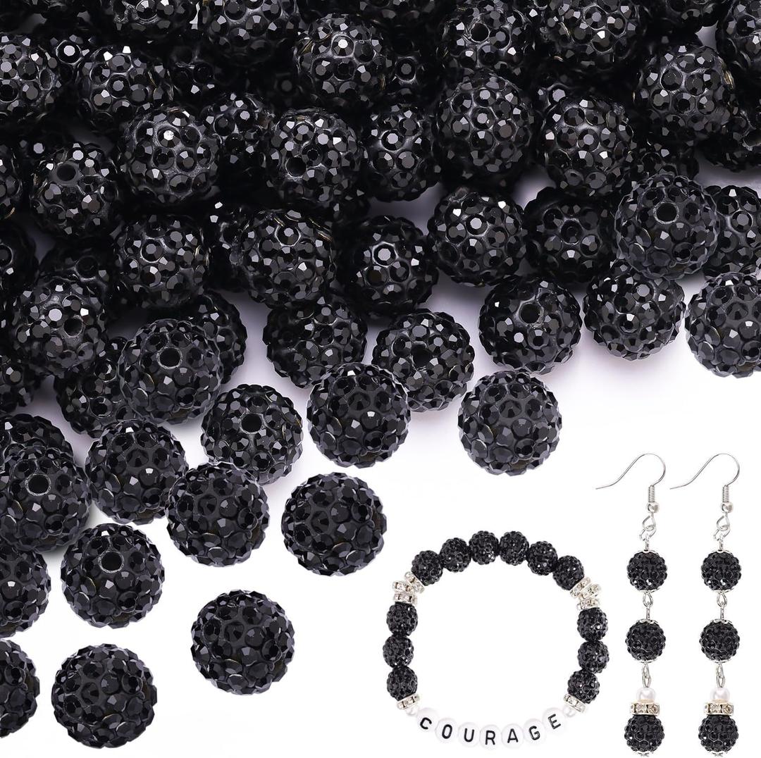 200pcs 10mm Black Rhinestone Beads for Jewelry Making, Shiny Round Shamballa Disco Ball Beads Bulk, Sparkle Crystal Clay Christmas for Bracelet Baseball Necklace Earring Crafting and DIY