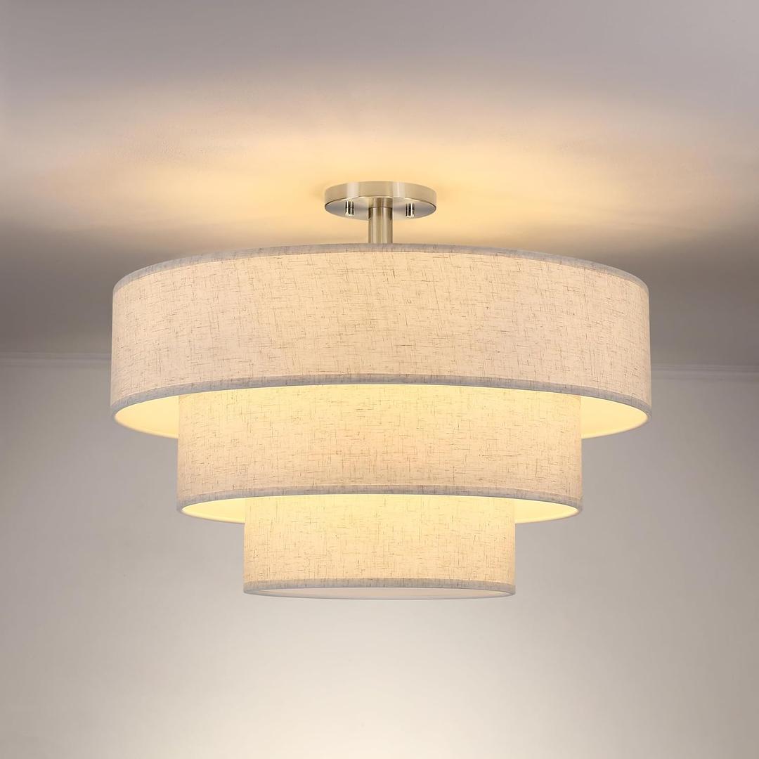 3 Tier 7 Light 24" Cream Linen Drum Fabric Brushed Nickel Semi Flush Mount Light Farmhouse Fixture