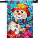 Stained Glass Snowman Christmas House Flag 28x40 Inch Double Sided for Outside, Large Burlap Winter Yard Flag Seasonal Outdoor Farmhouse Decoration