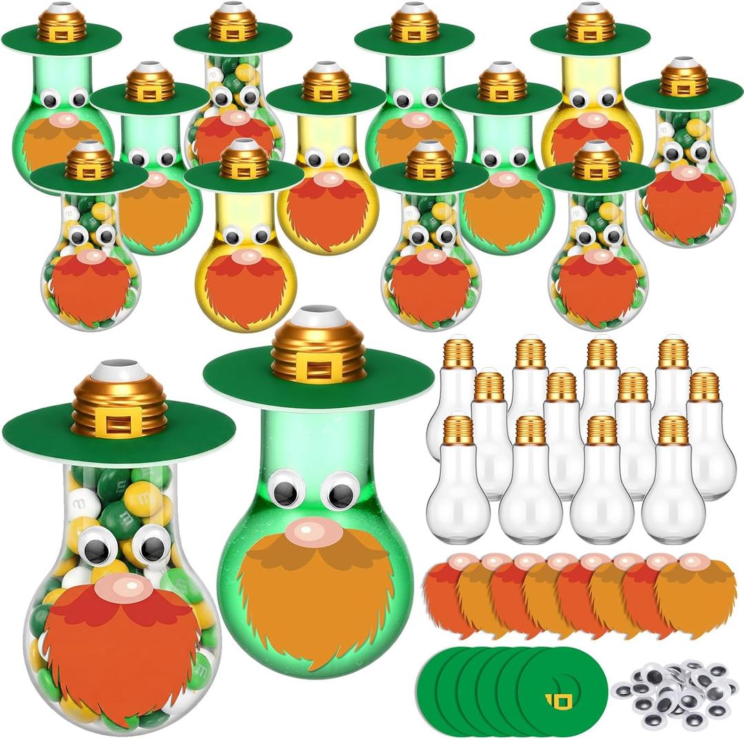 LemonRoad 24 Sets Leprechaun Hat Crafts Kit, St. Patrick's Day Leprechaun Craft Kit DIY Plastic Light Bulb Bottles Fillable Mini Drink Containers for St Patrick's Day Party Decorations
