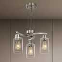 3 Light Brushed Nickel Dining Room Light Fixture,Modern Kitchen Chandeliers Over TableAdjustable Height Industrial Hanging Pendant Lights for Kitchen Island with Glass Shade