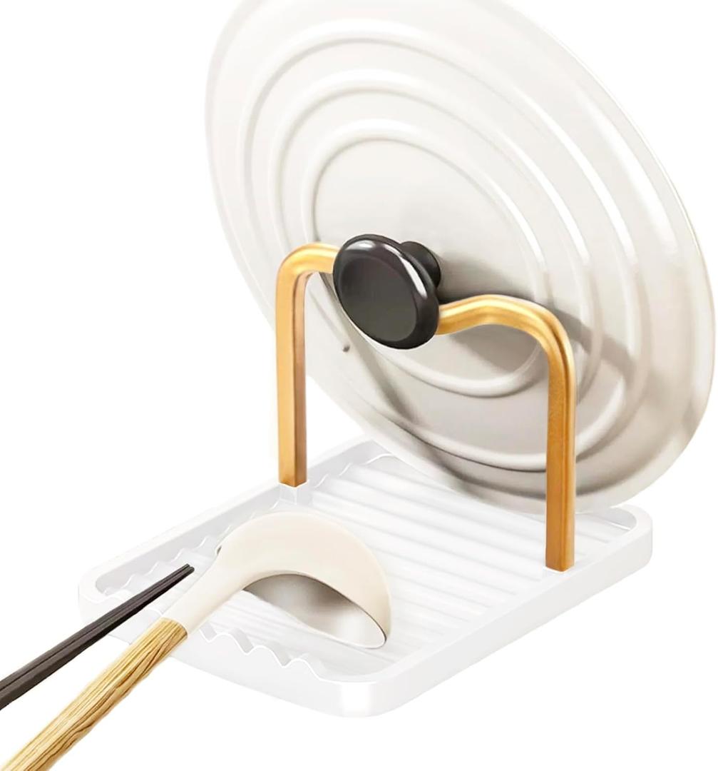 Anti-Rust Metal Spoon Rest with Lid Holder, Heat-Resistant Pot Lid Rest, Multifunctional Spatula Holder While Cooking for Stovetop and Kitchen Counter  Gold White (1-LAYER)