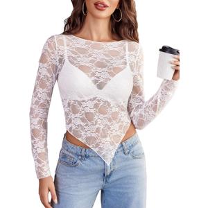 Avidlove Womens Mesh Tops Lace Long Sleeve Shirts Crewneck Slim Fitted Outfits See Through Blouses White XX-Large