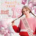 19th Birthday Decoration for Girls Pink Birthday Party Balloon Decoration Set Happy Birthday Banner Crown Birthday Strap Confetti Balloons Birthday Party (19th)
