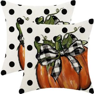 Fall Pillow Covers 18x18 Inch Set of Polka Dot Orange Pumpkin Throw Pillow Covers Outdoor Decoration,Autumn Thanksgiving Decor Pillowcase Farmhouse Linen Decorative Cushion Cover for Home Couch
