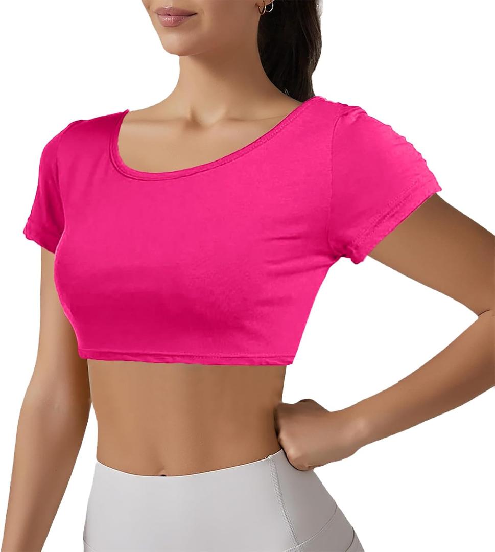 MUNAFIE Belly Dance Practice Tops for Youth Elasticity Soft Tops for Girl Short Sleeved Shirt for Woman Fitness Clothing (Pink)
