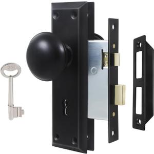 Mortise Lock Set for Interior Door, Vintage Antique Door Knobs with Lock and Skeleton Key, Old Door Knob Replacement Fits 1-3/8 in 1-3/4 in, Matte Black Finish
