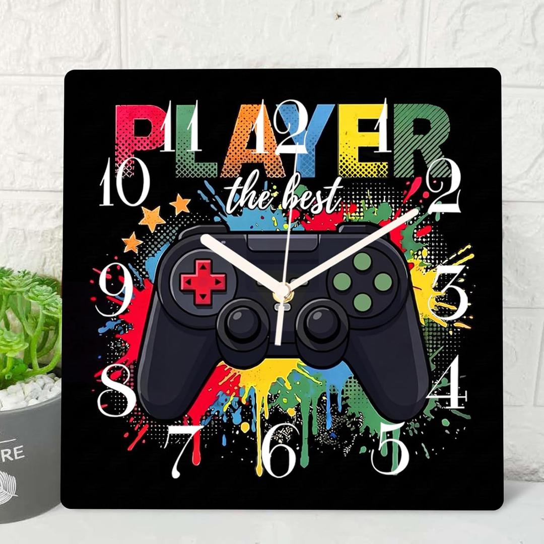 ArtSocket Game Gamer Kids Wooden Wall Clock Silent Non-Ticking, Colorful Gamepad Gaming Kids Square Rustic Wall Clocks Decor for Home Kitchen Living Room Office, Battery Operated(12 Inch)
