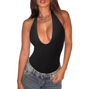 REORIA Bodysuits for Women Halter Tops 2025 Summer V Neck Backless Body Suits Tank Top Trendy Fashion Clothing (Small, Black)