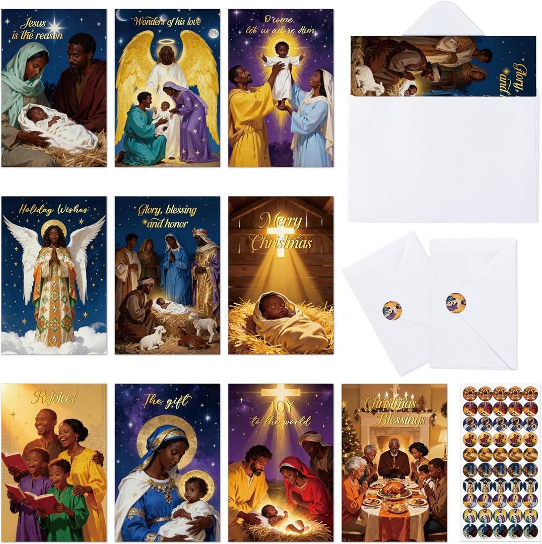 TICIAGA African American Religious Christmas Greeting Card - 50 Set Black Nativity Christmas Greeting Card With Envelope And Sticker, Nativity Blessing Postcard Exchange Gift For Xmas Winter New Year