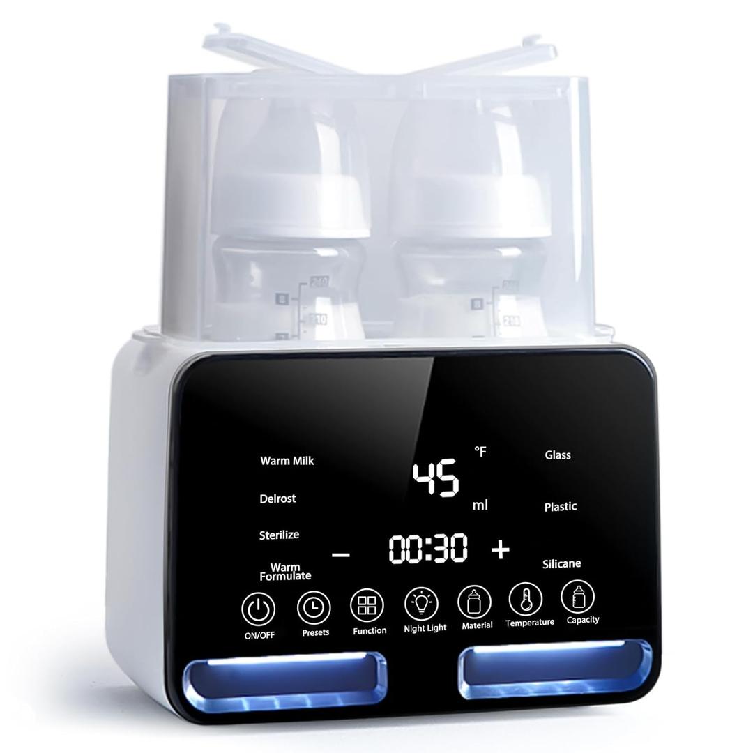 Losbenco Double Bottle Warmer and Steri-lizer, 8-in-1 Fast Baby Milk Warmer with Timer for Breastmilk or Formula, Multifunctional Bottle Warmer with Food Heater Defro