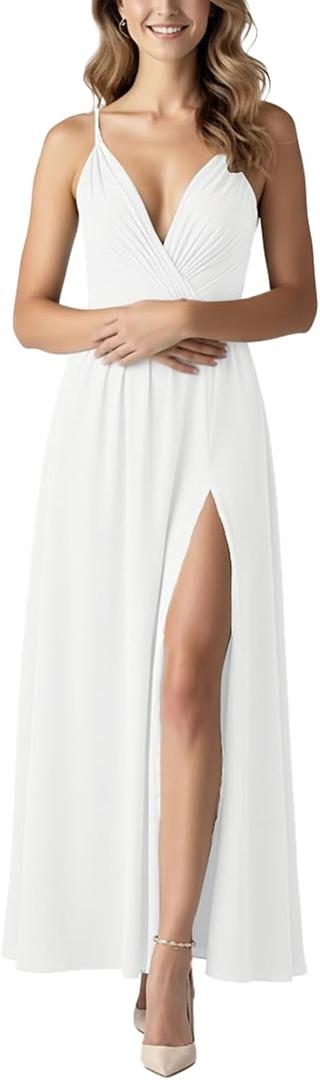 DeftSharp Women's Summer Dresses Ruched Formal Wedding Guest Cocktail Evening Maxi Dress (White, L)