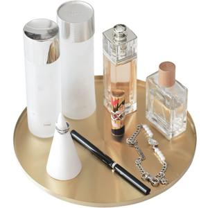 FREELOVE Gold Tray, Round Brass Serving Platter, Bar Circle Decorative Plate, Coffee Table Metal Decor Dishes, Brushed Hammered Coasters, Counter Bathroom Kitchen Dessert Cart Display Food, 11 inch