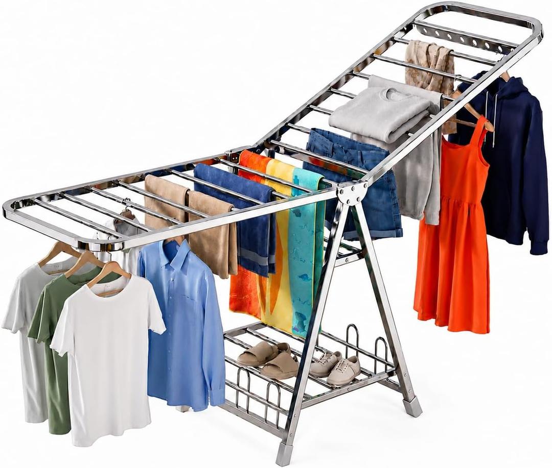 Stainless Steel Clothes Drying Rack, 71-Inch (180cm) Heavy Duty Rust-Resistant Foldable Laundry Rack with Wheels, 3-Tier Height-Adjustable Wings, Shoe Shelf, Indoor Outdoor Use, Large