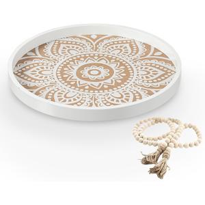 Large Round Decorative Tray with Wooden Beads Garland, Farmhouse Coffee Table Tray, Wood Decorative Serving Tray for Coffee Table Decor Home Kitchen Counter Decor, 17.7 Inch (White)