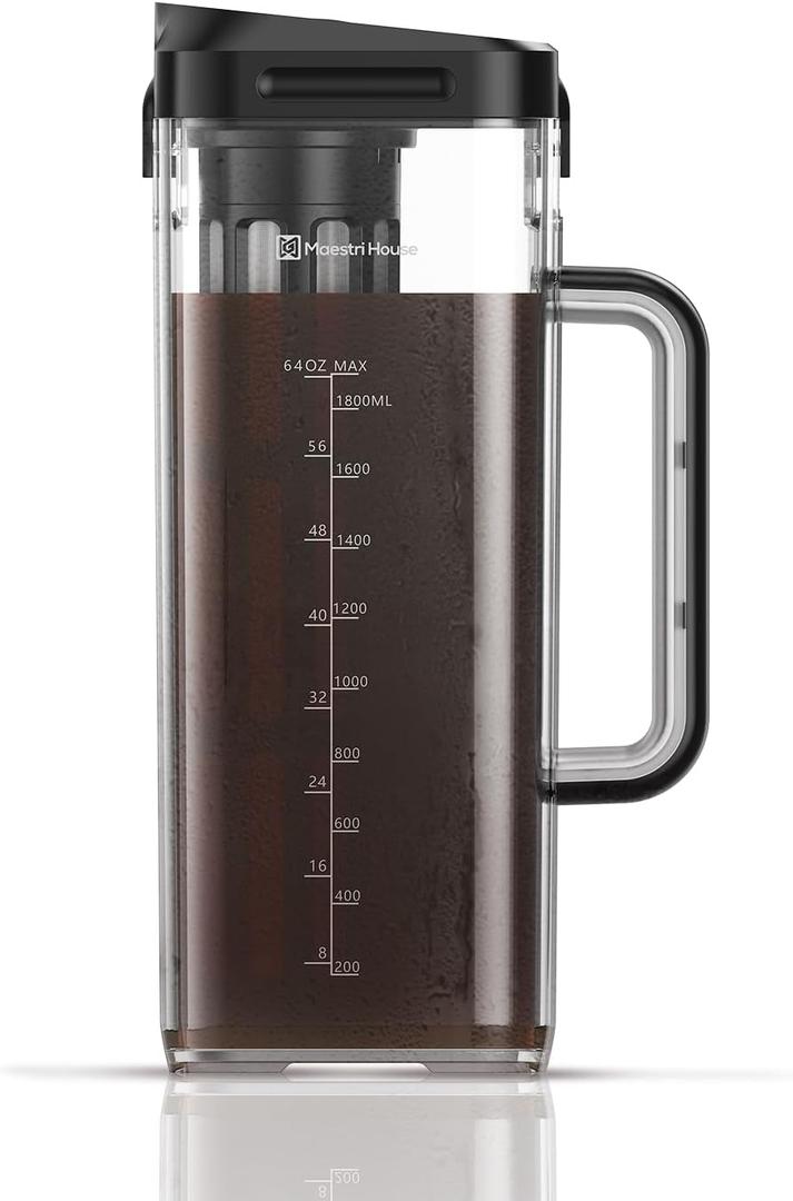 Maestri House Compact Cold Brew Coffee Maker, 64oz Iced Tea and Coffee Maker Brewer Space Saving Tritan Pitcher, 350 Mesh Filter, 100% Leak-Proof (Black)