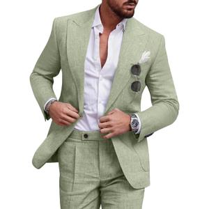 Linen Men's Suit Set Casual Tuxedo 2 Piece Regular Fit Blazer One Button Solid Jacket and Pants for Prom Wedding Party (Light Green, L)