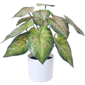 Fake Plants Artificial Caladium Plants Indoor, 15.7 Inch Samll Artificial Plants with Red Leaves, Potted Faux Plants for Desk Shelf Office Room Decoration1Pack