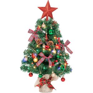 24 Mini Christmas Tree, Tabletop Flocked Small Christmas Tree with Lights, Timer, Tree Topper Star, Snow Frosted Artificial Xmas Tree w/Hanging Ornaments for Holiday DIY Home Decor (Red)