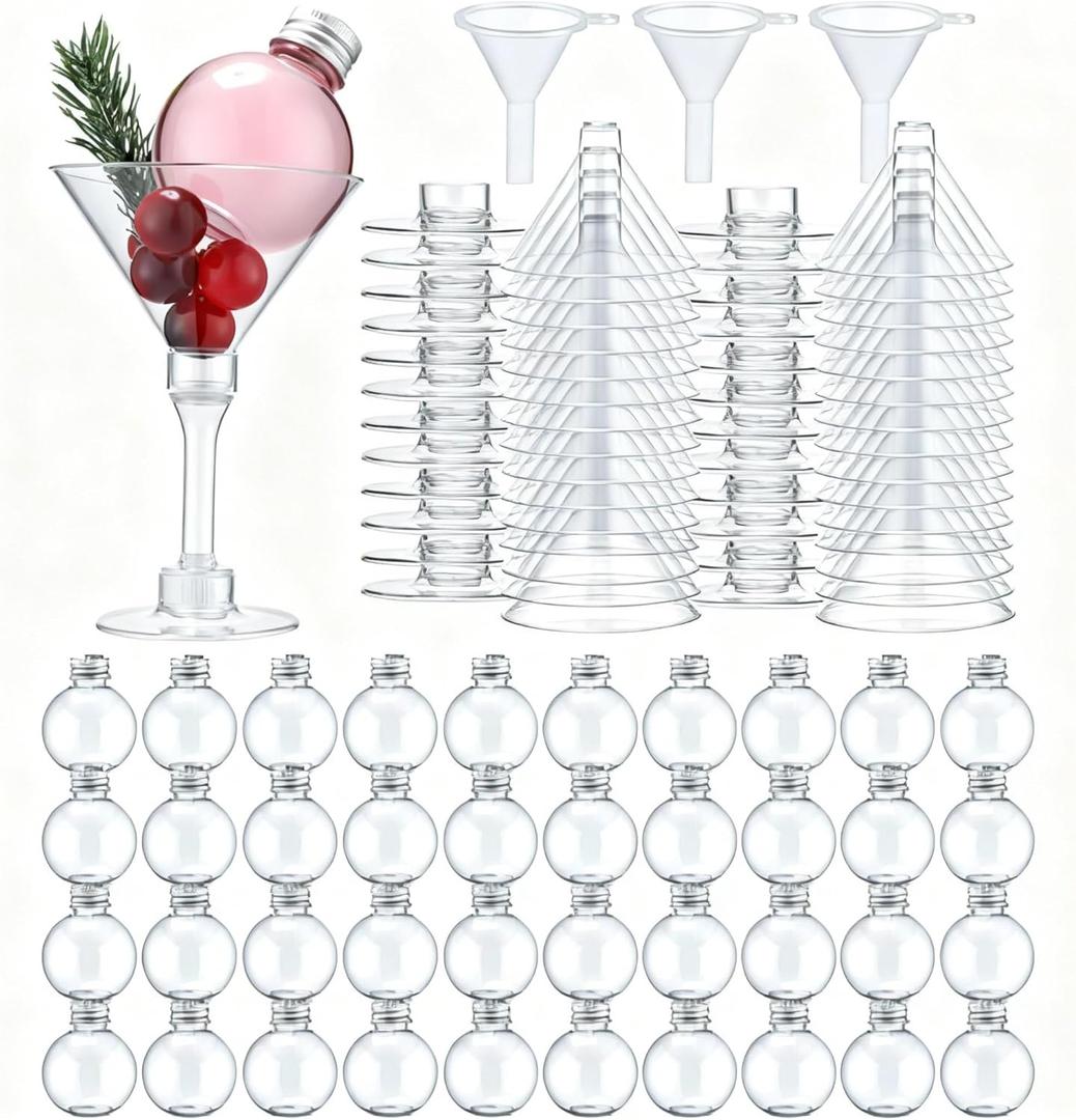 Acellegic 30 Sets Christmas Drink Ornaments with 5 oz Plastic Cocktail Glass Clear Christmas Balls Ornaments Xmas Fillable Booze Tree Pendant for Home Decoration Party Decoration