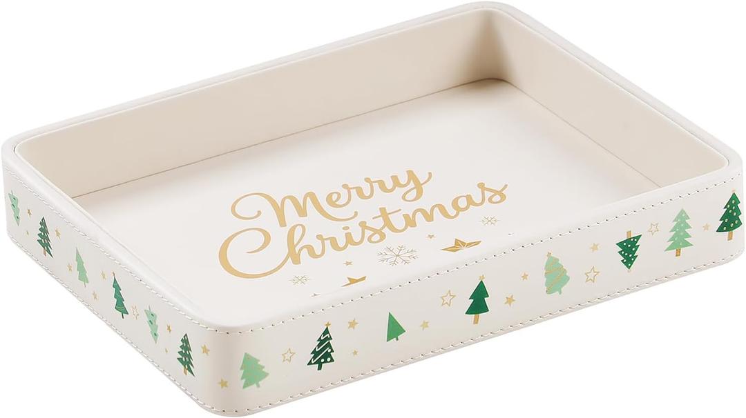 Desk Organizer Tray, PU Leather Valet Tray Nightstand Organizer Cologne Perfume Trays for Men Women, Decorative Vanity Trays Key Bowl Trinket Dish (Christmas Tree Pattern, 10" x 8" x 1.6") (9.5" x 6" x 2.2")